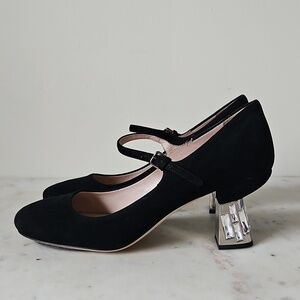MIU MIU: Stunning Crystal Block Heel Black Velvet Mary Jane Heels